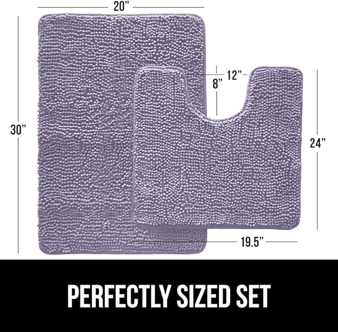 GORILLA GRIP Bathroom Rug Sets, Soft Chenille 2 Piece Area Rugs Set, Toilet Base Mat and 30x20 Carpet, Absorbent Microfiber Washable Mats Dry Quickly, Home Décor and Bath Room Accessories, Lt Purple