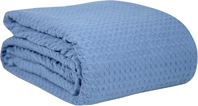 HILLFAIR 100% Combed Cotton Blanket–102x108 Inch California King Size Bed Blankets– Warm Soft All Season Breathable Blankets– Extra Large Oversized California King Blanket- Sky Blue Cotton Blankets