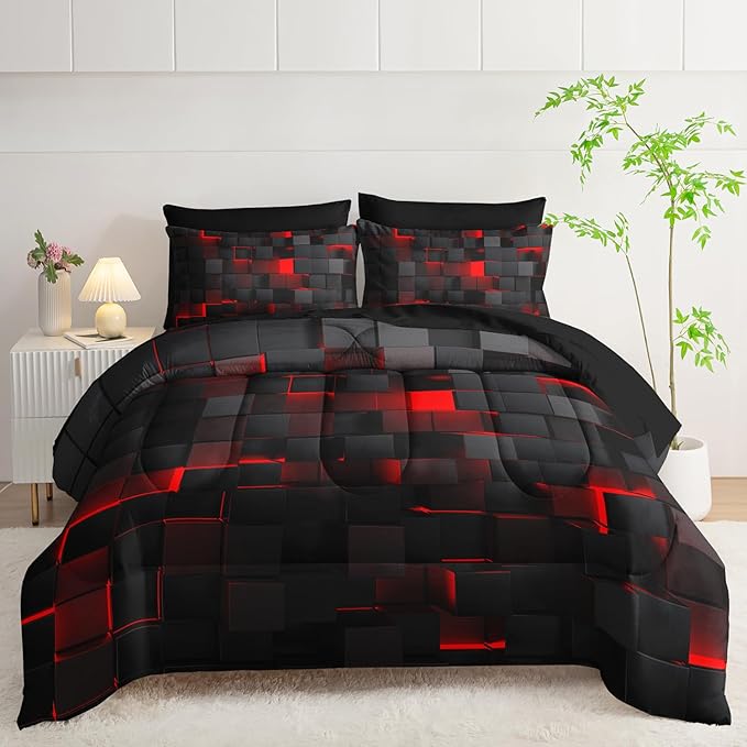 7pc Black & Red Comforter Set Twin - 3D Cube Bed in a Bag, Geometric Pattern, Soft Microfiber Bedding, All Season