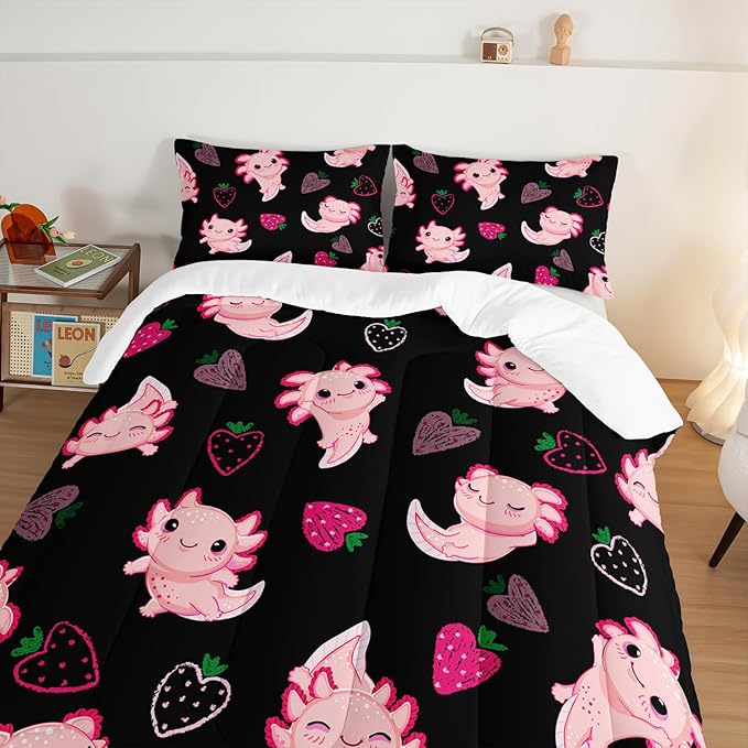 Cute Axolotl Bedding Set Twin Size,Pink Axolotl Strawberry Printed Comforter Sets Aesthetic Bedding for Kids Girls,Beach Coastal Animal Themed Comforter Sets with 2 Pillowcases.