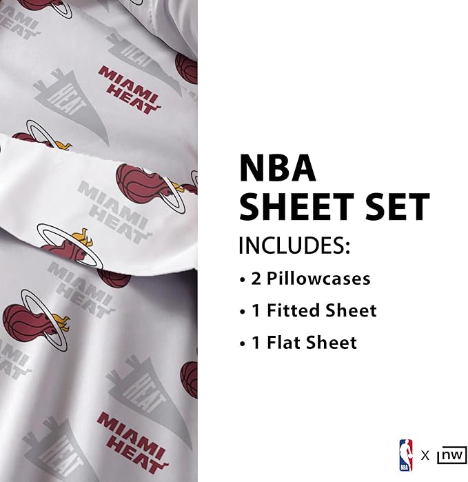 Northwest Officially Licensed Miami Heat NBA Queen Size Sheet Set – Soft Team Logo Bedding for Dorms, Bedrooms, Fan Caves & Game Day Style