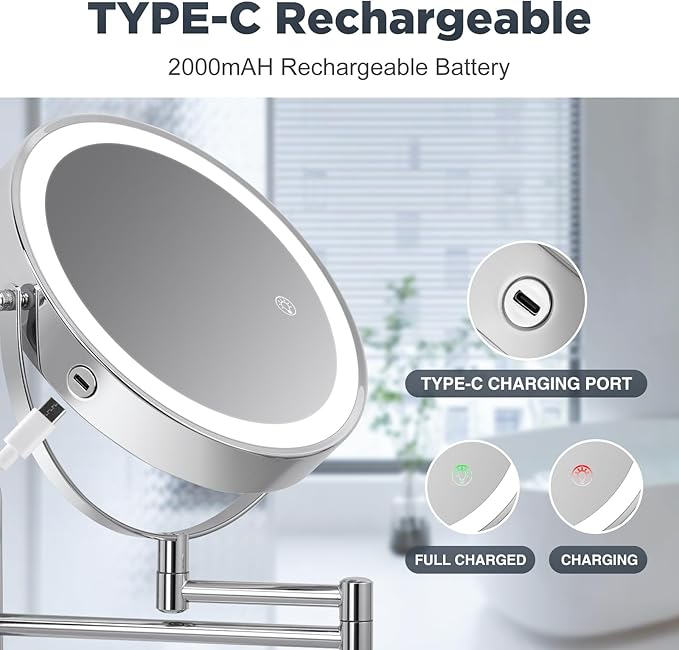 Wall Mounted Mirror with Lights - 15x Magnifing Extended Arm Mirror, 3 Color Lights & 360°Swivel Vanity Mirror, 8.5in Bathroom Mirrors for Wall Mounted - Chrome