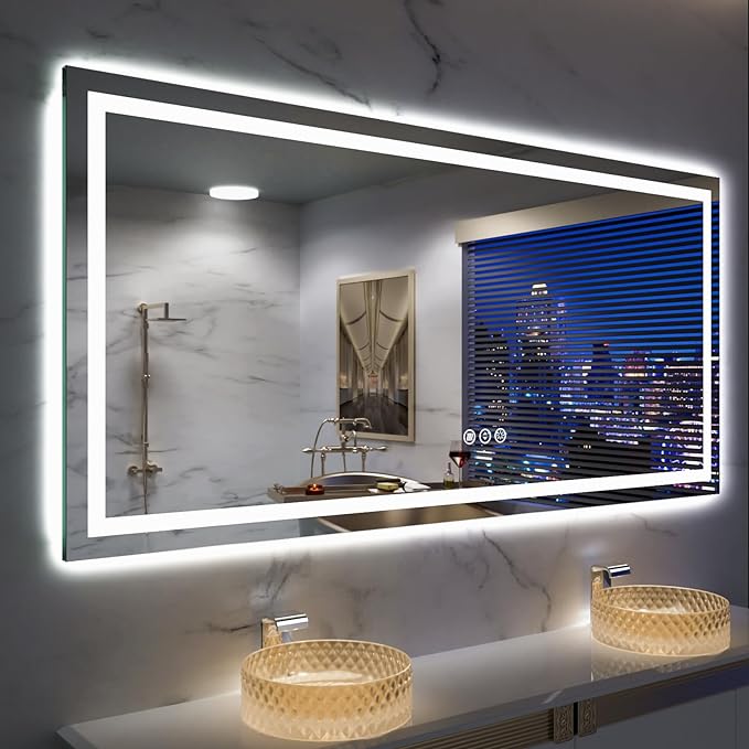 Amorho 72''x 40'' LED Mirror for Bathroom with Front and Backlight, Large Dimmable Wall Mirrors with Anti-Fog, Shatter-Proof, Memory, 3 Colors, Double LED Vanity Mirror
