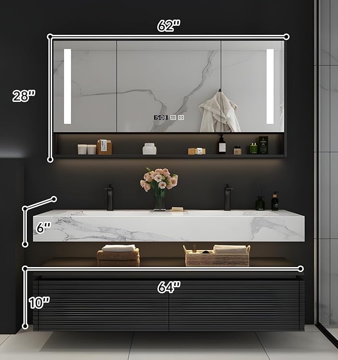 64IN Bathroom Vanity with Double Sink, Modern Bathroom Vanity with LED Smart Defogging Mirror Cabinet and Open Shelf, Floating Bathroom Cabinet with Striped Double Drawers, Oak Material (Black)