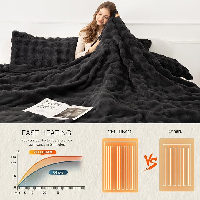 Faux Rabbit Fur Bubble Full Size Heated Blanket Dark Grey - Fuzzy Soft Plush Electric Blanket Full with 6 Heating Levels & 10 Timer Settings, Home Decor Gifts, ETL Certified (72" x 84")