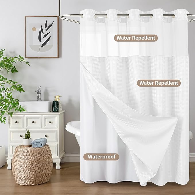 Colorful Star No Hook Shower Curtain with Snap in Fabric Liner, Waffle Weave Heavy Duty Thick Shower Curtains with Mesh Top Window, Hotel Style Waterproof Bathroom Curtain Set, 72 x 75 Inch, White