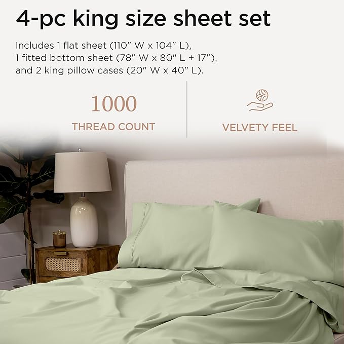 Threadmill Luxury Supima Cotton Sheets, 1000 Thread Count Soft 100% Cotton Sheets for King Size Bed, 4 Pc Sage Green King Bed Sheet Set, 5-Star Hotel Quality with Elasticized Deep Pocket King Sheet