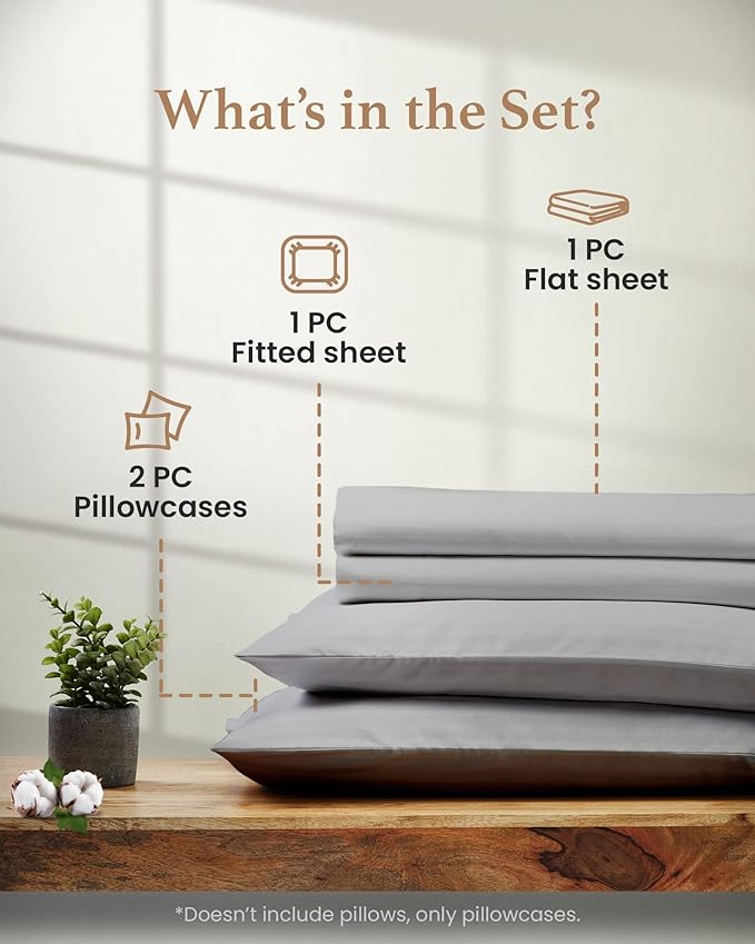 Good Sleep Bedding Twin XL Sheet Set - 100% Egyptian Cotton XL Twin Sheet Set, 4 Pc, Extra Long Twin Sheets for Dorm, Hotel Sheets, 16" Deep Pocket Extra Long - Light Grey Sheets
