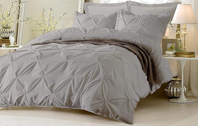 Queen Duvet Cover Pinch Pleated 1 Piece 800 Thread Count 100% Egyptian Cotton Long Staple Quilt Cover Full Size, Silky Soft with Hidden Zipper Closure and 7 Corner Ties Duvet Cover (Silver Grey)