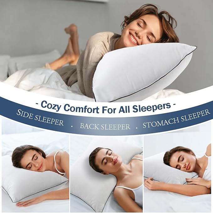 BPC Goose Feather Down Pillows Queen Size Set of 2, Luxury Hotel Collection Bed Pillows for Sleeping, 100% Organic Cotton Cover, Fluffy and Soft Support Surround Fill Polyester, Medium Firm, 20"x30"