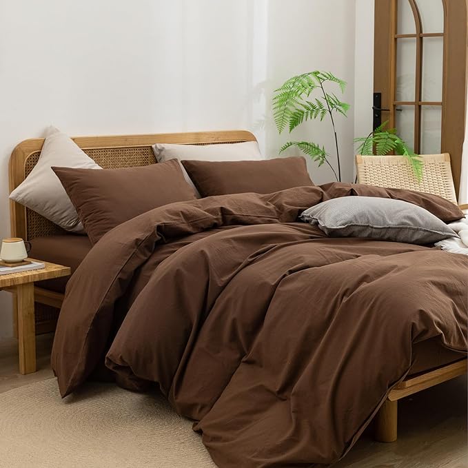 BESTOUCH Duvet Cover Set 100% Washed Cotton Linen Feel Super Soft Comfortable Chic Lightweight 3 PCs Home Bedding Set Solid Cocoa Brown Super King