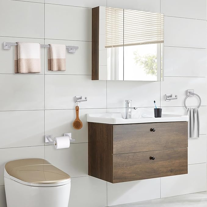 Brushed Nickel Bathroom Hardware Towel Bar Set, 5 Pieces Double Dase Toilet Paper Holder Bathroom Hardware Set, 23.6 Inch Stainless Steel Towel Racks for Bathroom Wall Mounted