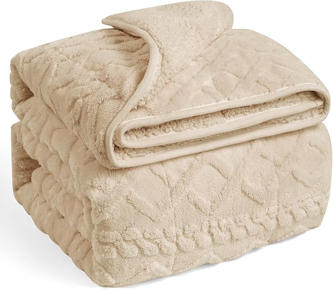 Wemore Weighted Blanket for Adults Twin Size 15 lbs, Dual Sided Soft Fuzzy Jacquard Sherpa Weighted Blankets for Sleeping, Cozy Fluffy Knitted Heavy Blanket for Couch Bed, Khaki, 48 x 72 inches