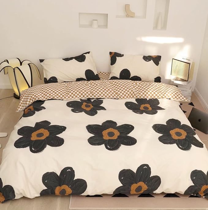 KAREVER Black Floral Comforter Set Girls Black Botanical Bedding Twin Women Boho Chic Blankets Lightweight Black Flower Reversible Bed Comforter Set Twin Size