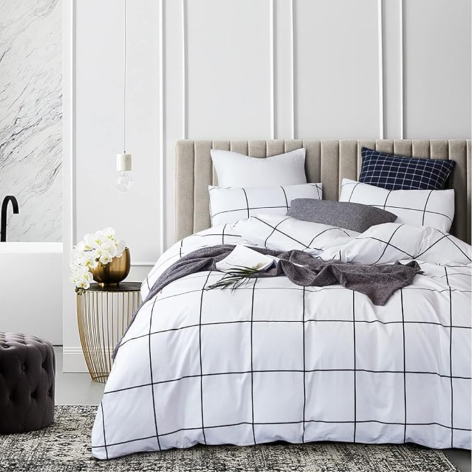 KAREVER White Grid Comforter Set Bedding Set Cal King White Black Plaid Printed Stripes Women 3 PCs Checkered Bed Set