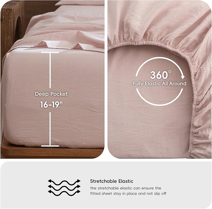 MooMee Bedding Sheet Set 100% Washed Cotton Linen Like Textured Breathable Durable Soft Comfy (Heathered Greyish Pink, Twin)