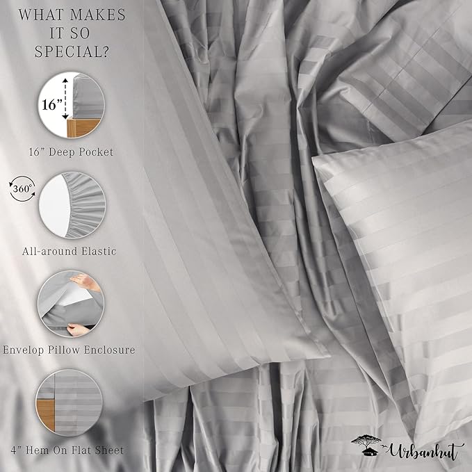URBANHUT 1000 Thread Count Egyptian Cotton Sheets Damask Striped California King Size, Breathable Long Staple, 4 Pc Bed Sheet Sets, Luxury Hotel Sateen Sheets Fits 16" Deep Pocket - Silver Grey