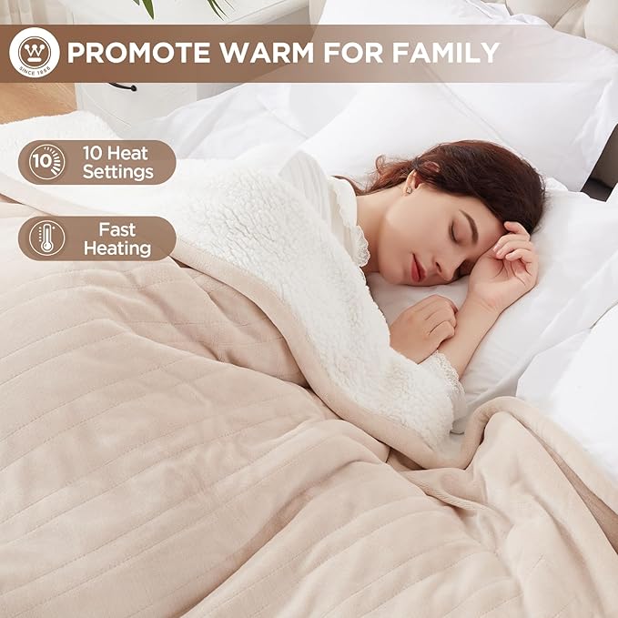 Westinghouse Full Size Heated Blanket, Soft Flannel & Sherpa, 10 Heating Levels, Auto Shut Off, Machine Washable, Beige, 72x84 Inch