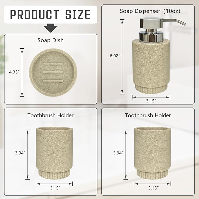 Resin Bathroom Accessories Set, 4 Pcs Modern Bathroom Accessory Set with Liquid Plastic Pump Lotion Soap Dispenser,2 Toothbrush Cup, Soap Dish Countertop Vanity Organizer (Beige)