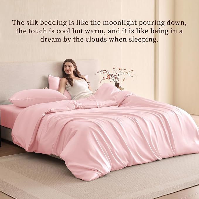 THXSILK 100% Pure Mulberry Silk Duvet Cover Set 3 Piece, 6A+ Grade Luxury Soft Bedding Silk Sheets for Hair and Skin, 1 Pcs Quilt/Comforter Cover with 2 Zippered Pillowcases (Charming Pink, Queen)