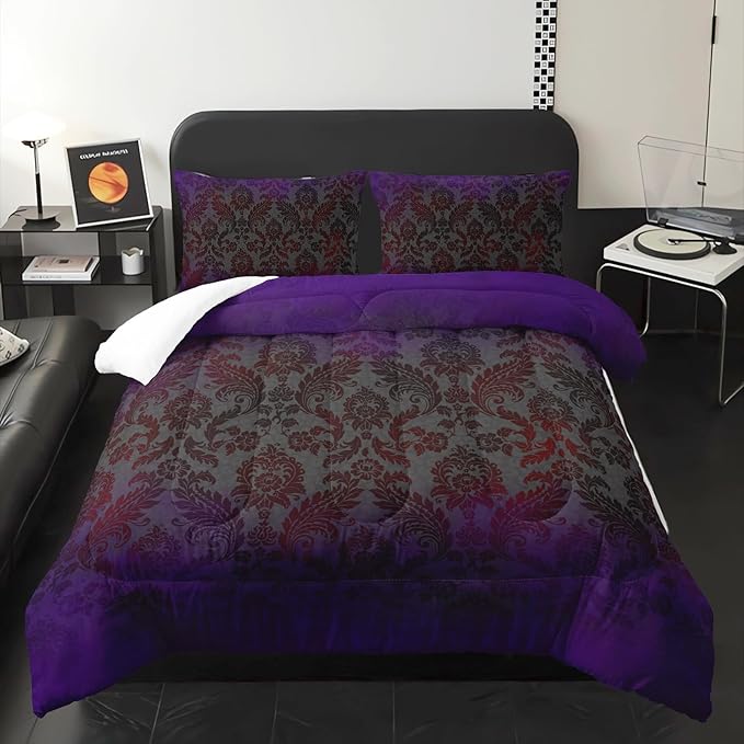 Black Purple Paisley Floral Victorian Gothic Comforter Set Queen，Gothic Bedding Set Queen Purple，with 1 Comforter with 2 Pillow Case，Halloween Room Decor for Bedroom
