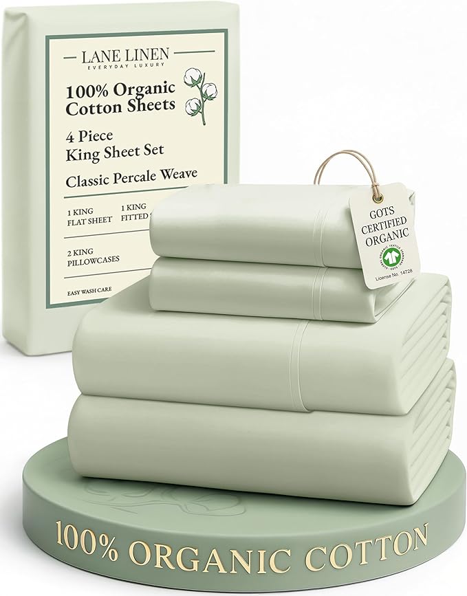 LANE LINEN 100% Organic Cotton King Bed Sheet Set, Bedsheets 4Pc Soft Cooling Fully Elasticized Mercerised All Season Sustainably Produced Cotton Sheets King Size, Oeko Tex Sheets - Mineral