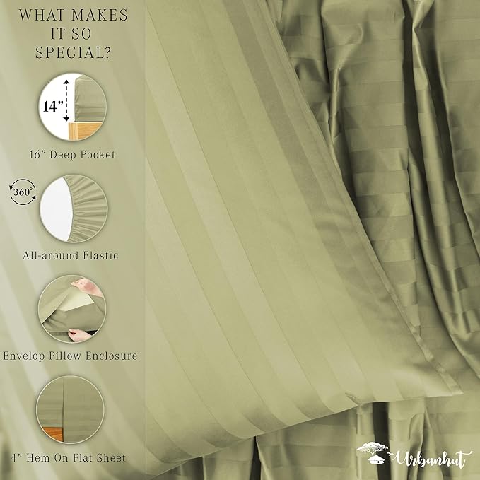 URBANHUT 1000 Thread Count Damask Striped Twin Size Egyptian Cotton Sheets, Long Staple Soft & Breathable, 4 Pc Bed Sheet Sets, Luxury Hotel Sateen Sheets Fits 16" Deep Pocket - Sage