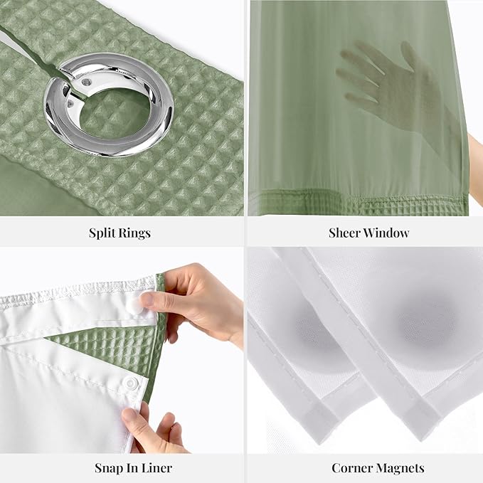 River Dream Sage Green Fabric Shower Curtain Set, Cotton Blend, Waffle Weave, with Snap in Replacement Liner，71 x 86 inches