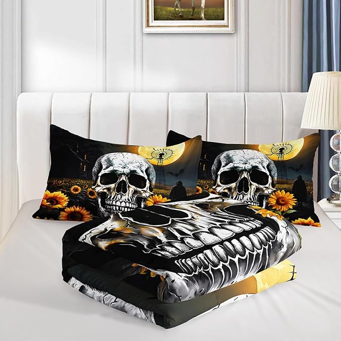 Skull Comforter Set for Gothic Decor Bedroom,Sunflower Floral Bat Print Bedding Full Size Comforter Set for Kids Boys Girls,Dark Night Halloween Horror Bedding Set with 2 Pillowcases.