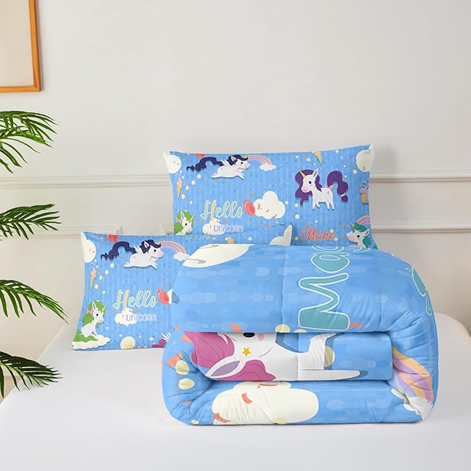 Unicorn Comforter Set Queen Size,Rainbow Kids Comforter Set,3Pcs Bedding Set Printed Comforter with 2 Pillowcases,Down Alternative,Soft and Lightweight,for All Seasons