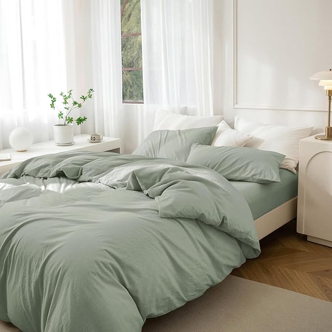 JIYUAN 100% Washed Cotton Duvet Cover Set 3 Pieces Full, 1 Duvet Cover 80x90 Inches(Comforter Not Included) and 2 Pillowcases,Linen Feel Bedding Set Comfy and Breathable, Heathered Sage Green