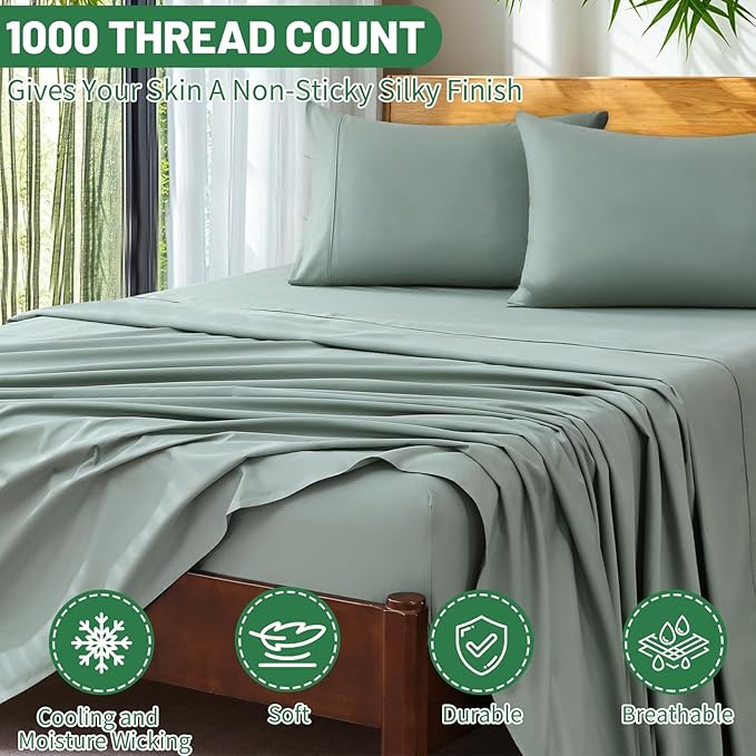 Extra Deep Pocket California King Sheets 18-24 Inch 1000 Thread Count 100% Egyptian Cotton Sateen Weave Soft Breathable 4 Pieces（California King,Sage Green）