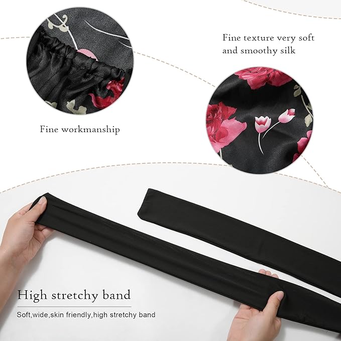 AWAYTR Long Satin Bonnet for Braids - Elastic Silk Hair Bonnets for Sleeping Night Cap Stretchy Tie Band for Women（Flower C）