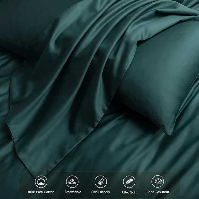 MooMee King Duvet Cover Set, 100% Extra Long Staple Cotton 600 Thread Count Sateen Silky Soft Breathable Durable Luxury Hotel Quality Bedding Set, 3 Pieces (Forest Green, King 104"x90")