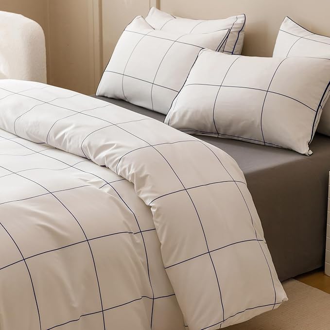 KAREVER White Grid Comforter Full Women Navy Blue Square Lines Checkered Bedding Set Full White Plaid Comforter Full Size