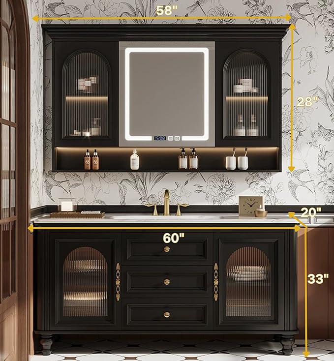 Freestanding Bathroom Vanity with Sink, Solid Wood Bathroom Vanity Set, Vintage Bathroom Vanities with Large Capacity Storage Cabinet and Open Shelf, Elegant Vanities (Black,60")