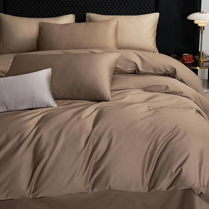 MooMee Duvet Cover Set 100% Extra Long Staple Cotton 600 Thread Count Silky Sateen Smooth Luxury Soft Breathable Durable Hotel Quality Bedding, 3 Pieces (Brown, Full 80"x90")