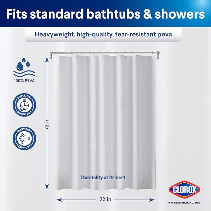 CLOROX Shower Curtain Liner, Premium Heavyweight Durable Waterproof 8g PEVA for Bathroom with Weighted Magnets, Standard Size 72" x 72", Frosty 1 Pack