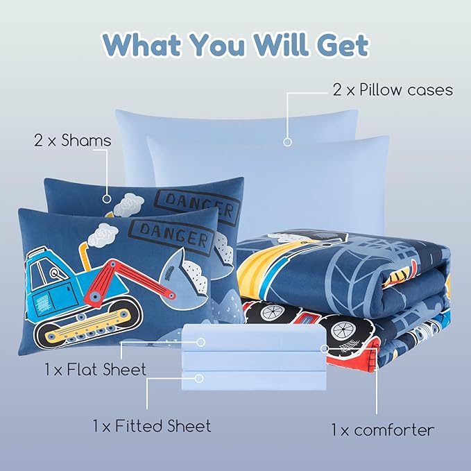 Full Size Comforter Set for Boys-7 Pieces Truck Tractor Excavator Glow in The Dark Full Bedding Sets for Kids, Ultra Soft Bed in A Bag with Sheets