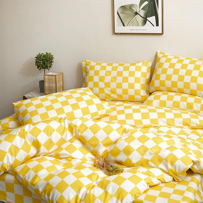 KAREVER Brand King 3PC Bedding Set, Grid Yellow White Comforter Set with Checkered Pattern, All Season Breathable Blanket Set, Durable Bedding for Men and Women, Ideal Gift