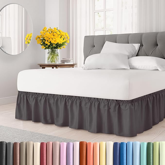 Wrap Around Dust Ruffle Bed Skirt - Dark Grey - for Twin Size Beds w/ 14 Inch Drop - Easy Fit Elastic Strap - Adjustable Pleated Bedskirt with Brushed Fabric, Wrinkle Free Women, Men, Kids and Teens