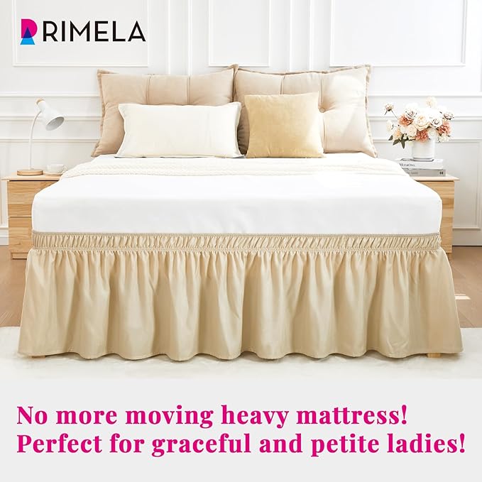 RIMELA Oatmeal Bed Skirt King Size 15 Inch Drop, Elastic Bed Skirting for Bed Base and Frame, Bedding Dust Ruffle Easy to Install, Lightweight Wrap Around Adjustable Bedskirt