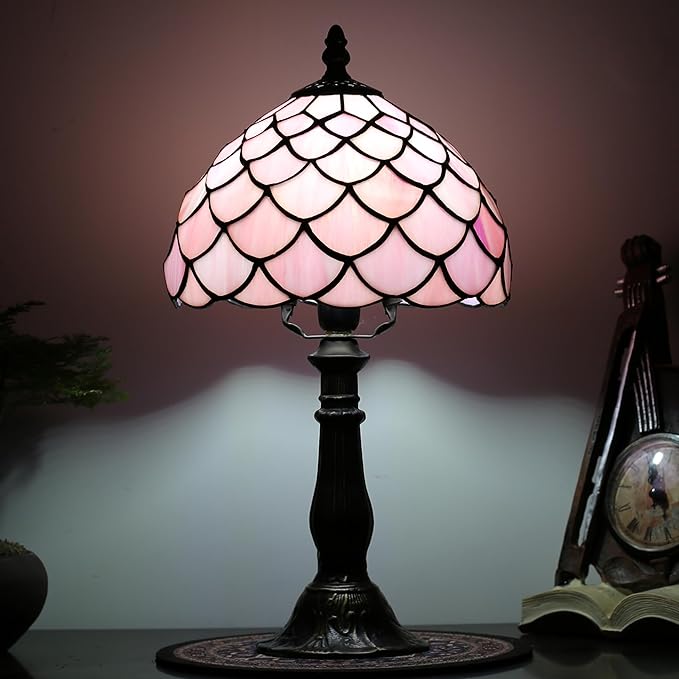 Tiffany Table Lamp for Bedroom Bedside Nightstand Table Lamps for Living Room 3 Way Color Temperatures Stained Glass Table Lamp 8X8X15 Inch Home Office Reading Desk Lamp (Pink Fish Scales)