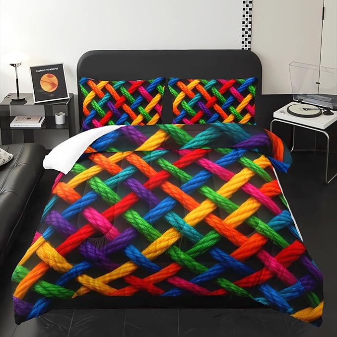 Colorful Checkered Geometric Pattern Comforter Set Queen Size，Waffle Weave Bedding Set Queen，with 1 Comforter with 2 Pillow Case，Checkered Print Bedroom Decor