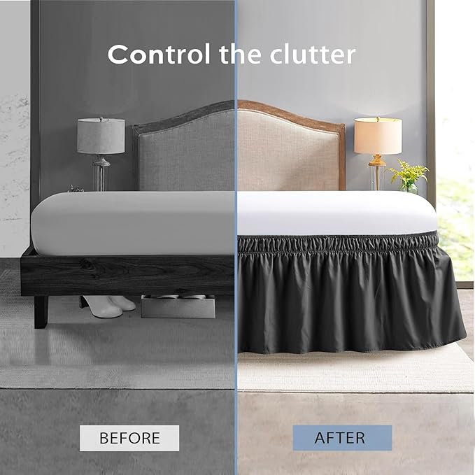 FreshCulture King Bed Skirt, Dust Ruffle for King Size Bed, Easy Fit with 18-Inch Tailored Drop, Elastic Wrap Around Bed Skirt King Size, Hotel Quality Bed Skirts for Adjustable Bed (Black)
