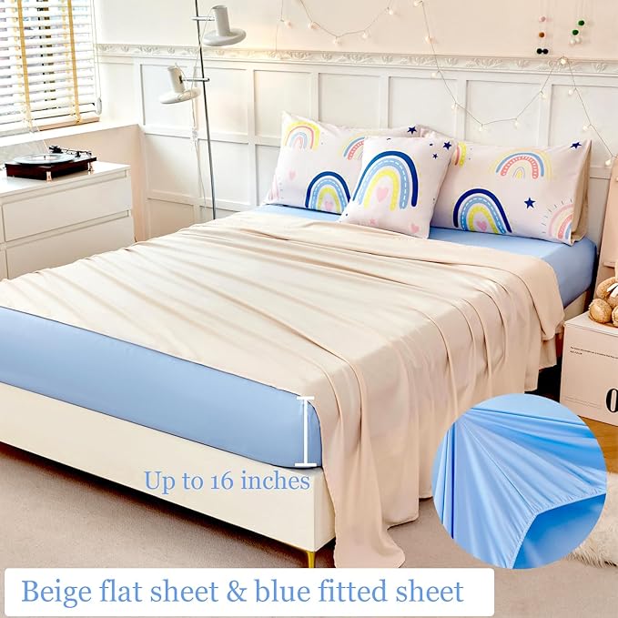 ANGIYUIN 6Pcs Beige Rainbow Queen Comforter Set Cartoon Rainbow Love Hearts and Stars Girl Bedding Set for Kids Girls Cute Soft Kid Bed in A Bag with Rainbow Comforter, Sheets, Pillowcases