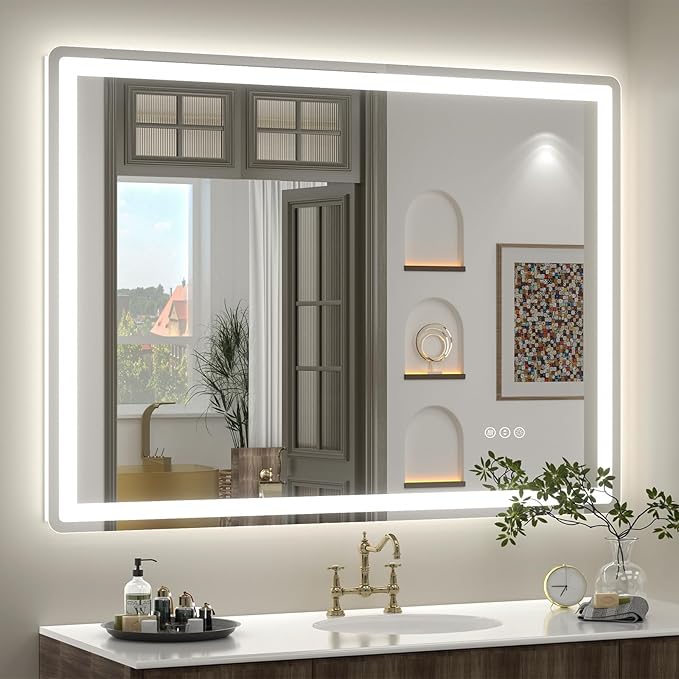 SMIROR LED Bathroom Mirror with Lights 40"x 30", Rounded Rectangle Lighted Vanity Mirror for Wall, Front Lit and Backlit, 3 Colors, Dimmable, Anti-Fog, Tempered Glass (Horizontally/Vertically)