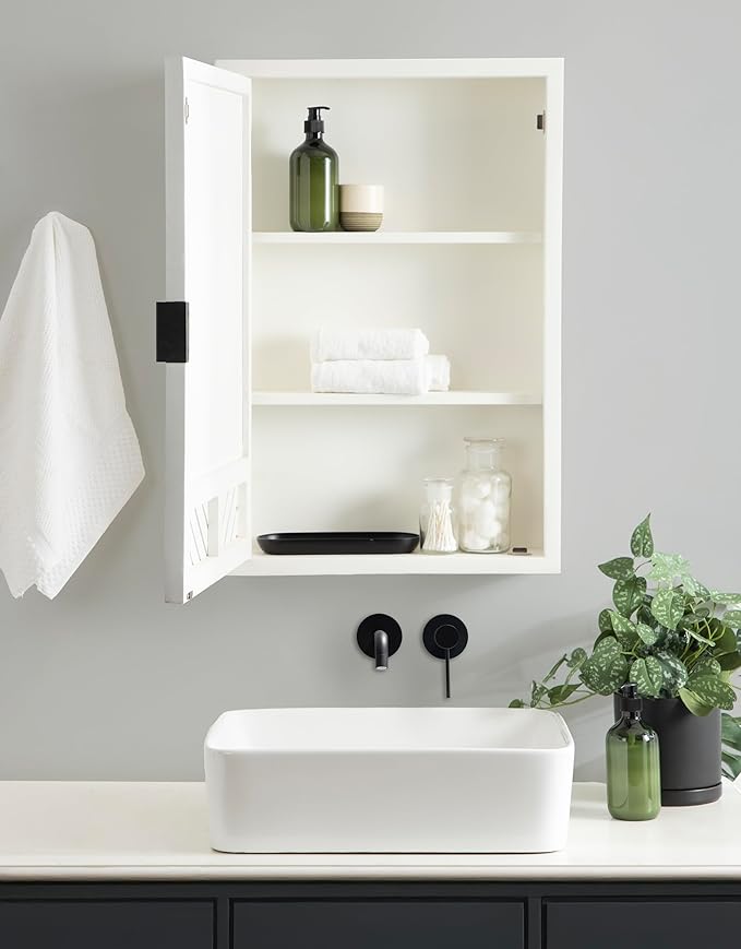 Kate and Laurel Mezzeta Decorative Modern Rectangle Bathroom Cabinet with Mirror, 20 x 5 x 30, White, Wooden Bathroom Mirror with Storage for Bath Medicine Cabinet or Over-The-Toilet Storage Option