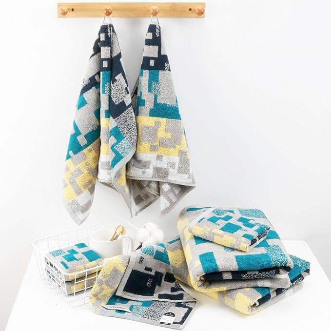 SEMAXE 18-Pack Bath Towel Set Include 6 Bath Towels, 6 Hand Towels, 6 Wash Cloths, 100% Cotton Bathroom Towels with Hanging Loops, Soft and Absorbent Towel, Colorful Towel - Checkered Collection