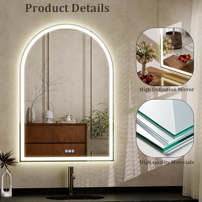 BEAUTYPEAK LED Arch Bathroom Mirrors with Lights, 48x30 Arch Mirror with Metal Frame, Anti-Fog,LED Mirror with Front Light and Backlit, Memory Function for Bathroom, Dressing Room